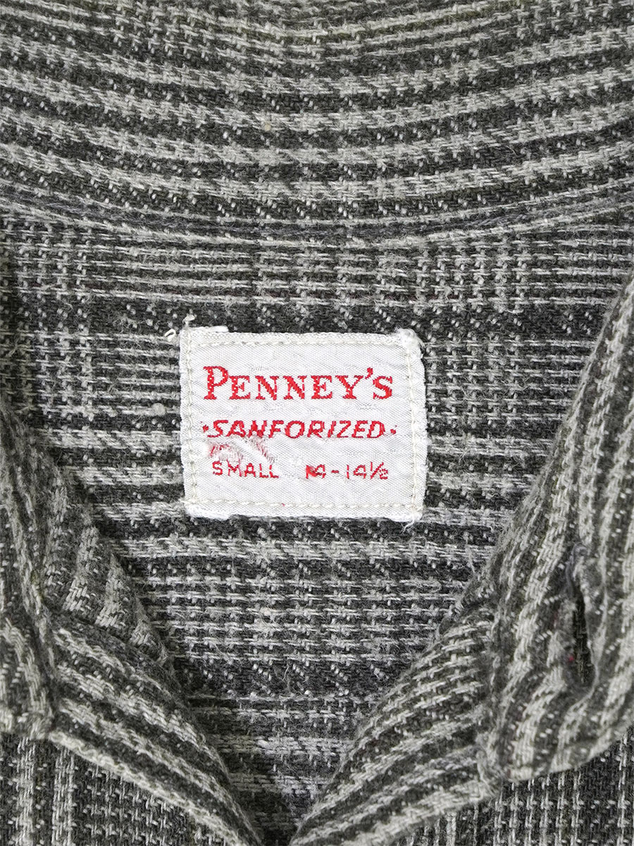60's PENNEY'S ブラック/グレー チェック 皿ボタン マチ付き フランネルシャツ 表記(S)