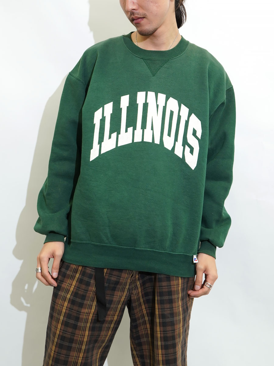 90's RUSSELL ATHLETIC ''ILLINOIS'' 前Vスウェット グリーン 表記(L