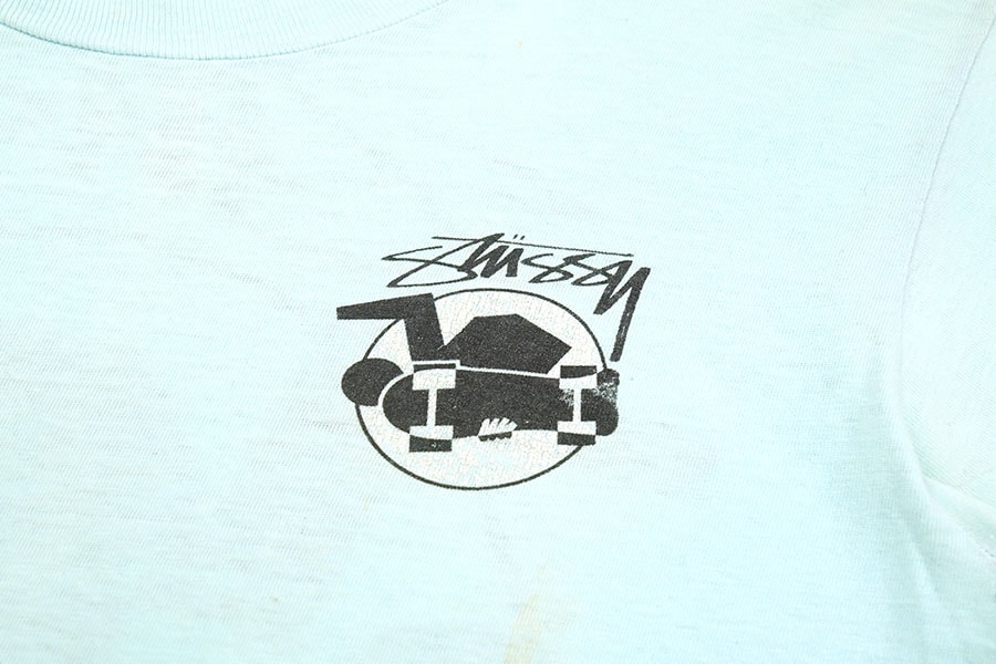 80's～ STUSSY ''スケートマン'' 両面プリント Tシャツ ターコイズ