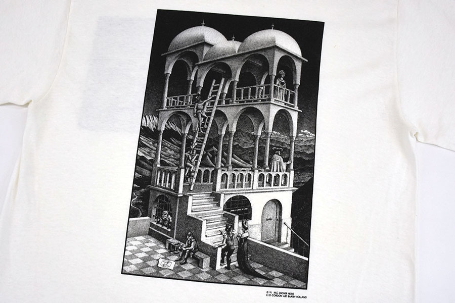 90's エッシャー アートグラフィックTシャツ両面 90年代 USA製 M C ESCHER エッシャー Tシャツ 両面プリント 白