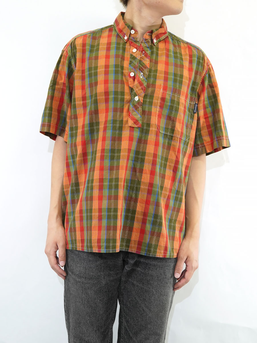 90's STUSSY 3点留め P/O B.D. チェック 半袖シャツ 表記(L) USA製