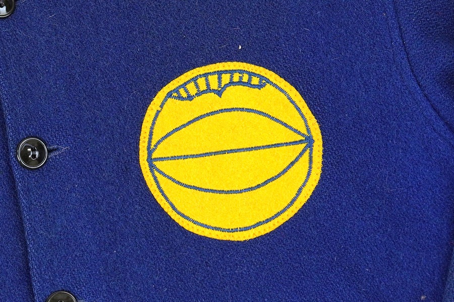 50's～ ''SOUTH TEXAS JUNIOR COLLEGE'' 背面チェーンステッチ メルトンボタスタ ブルー 実寸(38位)