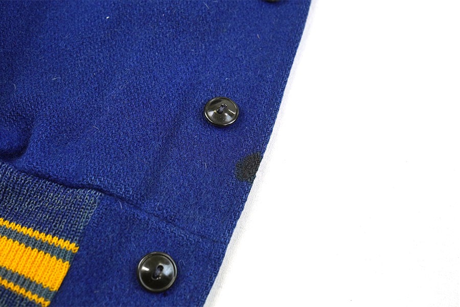 50's～ ''SOUTH TEXAS JUNIOR COLLEGE'' 背面チェーンステッチ メルトンボタスタ ブルー 実寸(38位)