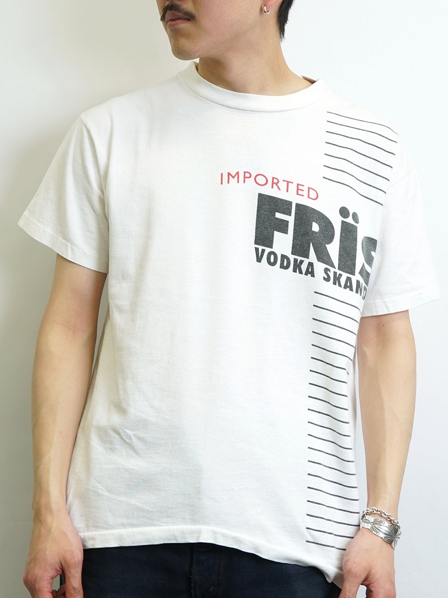 90's anvil ''IMPORTED FRIS VODKA SKANDIA'' ウォッカ プリントTシャツ 白 表記(L) USA製