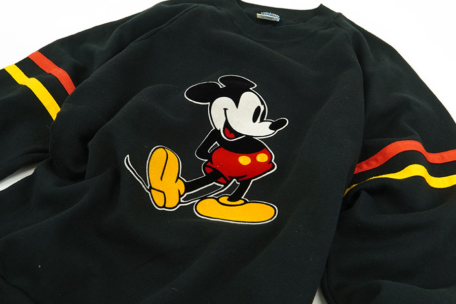 80's Disney ミッキーマウス フェルトプリント 袖ライン スウェット 黒