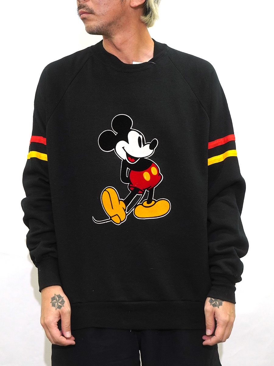 80's Disney ミッキーマウス フェルトプリント 袖ライン スウェット 黒