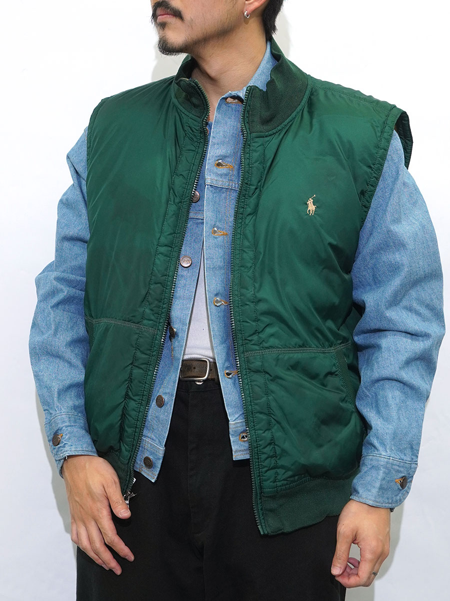 POLObyRalphLauren90sリバーシブルダウンベスト刺繍ポニー深緑 ラルフローレン リバーシブル ダウンベスト グリーン×ブラウン 表記(XL