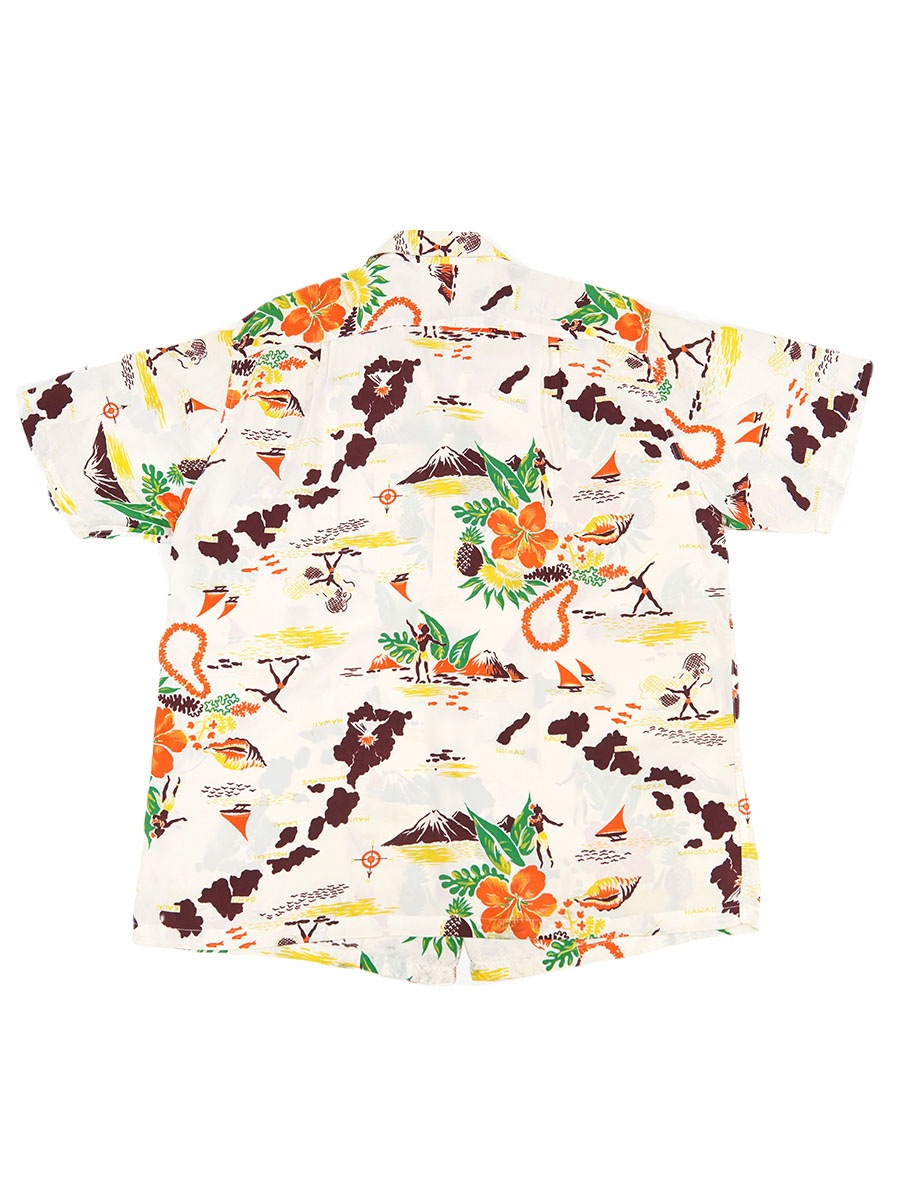 50's MADE IN HAWAII 総柄 ループカラー ハワイアンシャツ アイボリー 表記(LARGE)