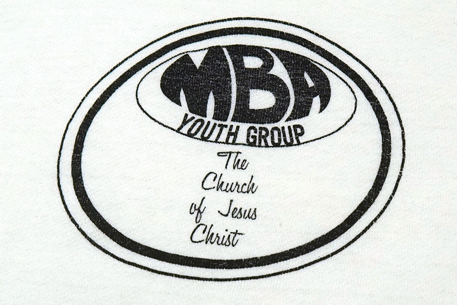 60's ''MBA YOUTH GROUP THE CHUCH OF JESUS CHRIST'' 黒プリント スウェット ホワイト 実寸(S位)