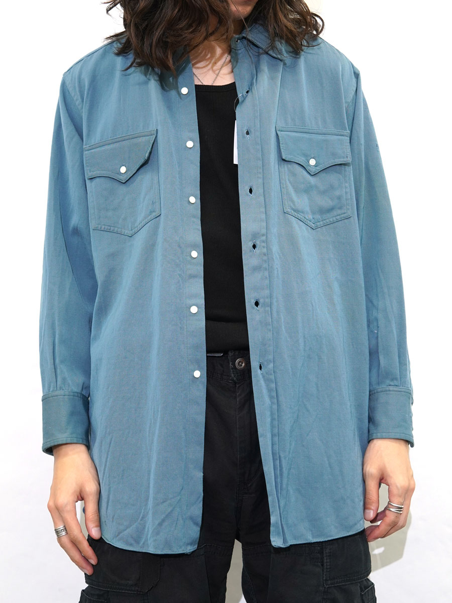 60's Forstmann 100％ VIRGIN WOOL ロングスリーブシャツ スチールブルー 実寸(L位)