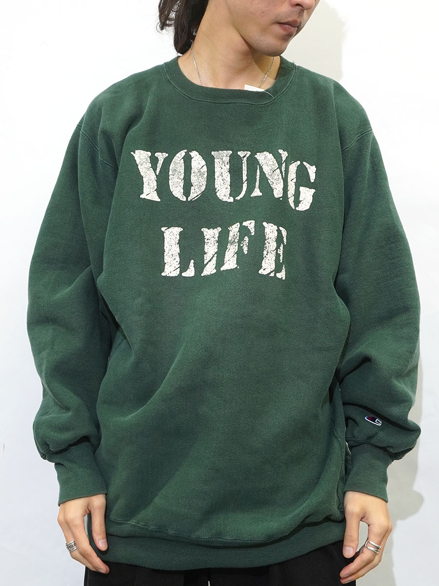 90's 刺繍タグ チャンピオン RWクルー ''YOUNG LIFE'' グリーン 表記(XXL) USA製