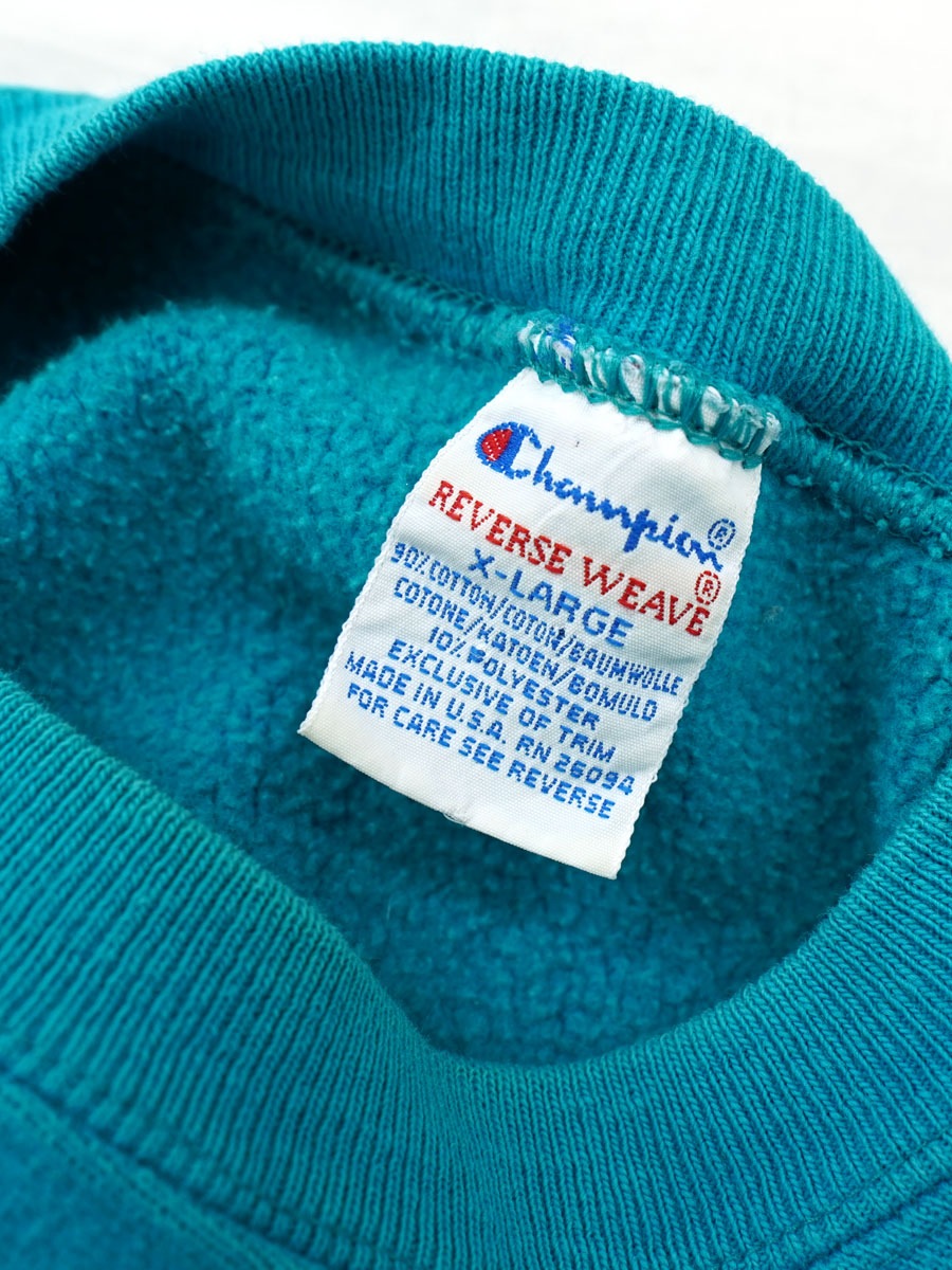 チャンピオン リバースウィーブ　刺繍タグ　無地　XL  ターコイズブルー 80's～ 青刺繍タグ チャンピオン 前V スウェットパーカ