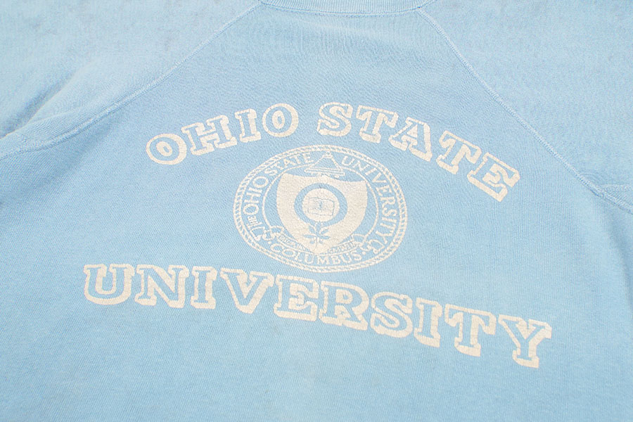 60's ''OHIO STATE UNIVERSITY'' 3段プリント ラグランスウェット サックスブルー 実寸(M)