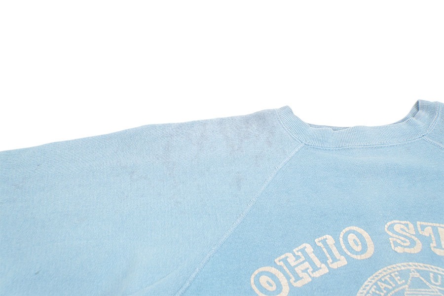 60's ''OHIO STATE UNIVERSITY'' 3段プリント ラグランスウェット サックスブルー 実寸(M)