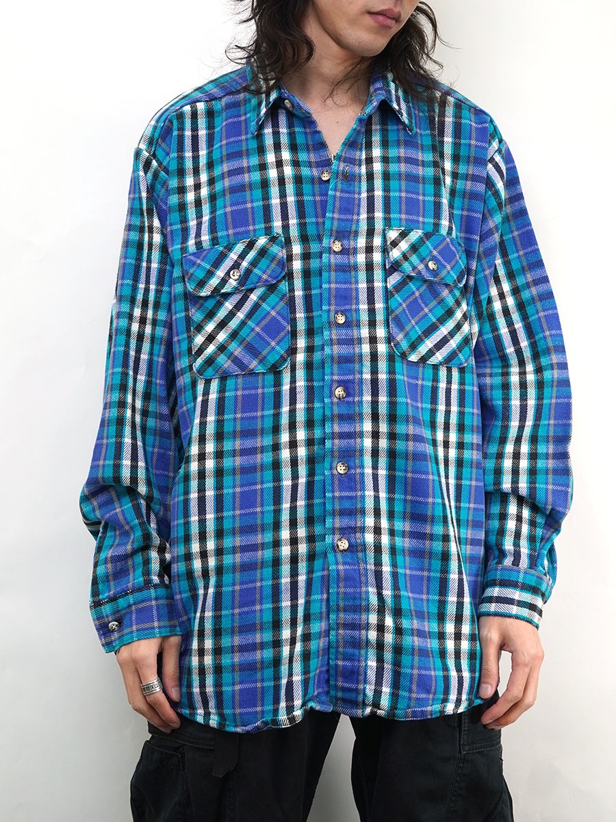 90's FIVEBROTHER 白黒ターコイズ 好配色チェック フランネルシャツ