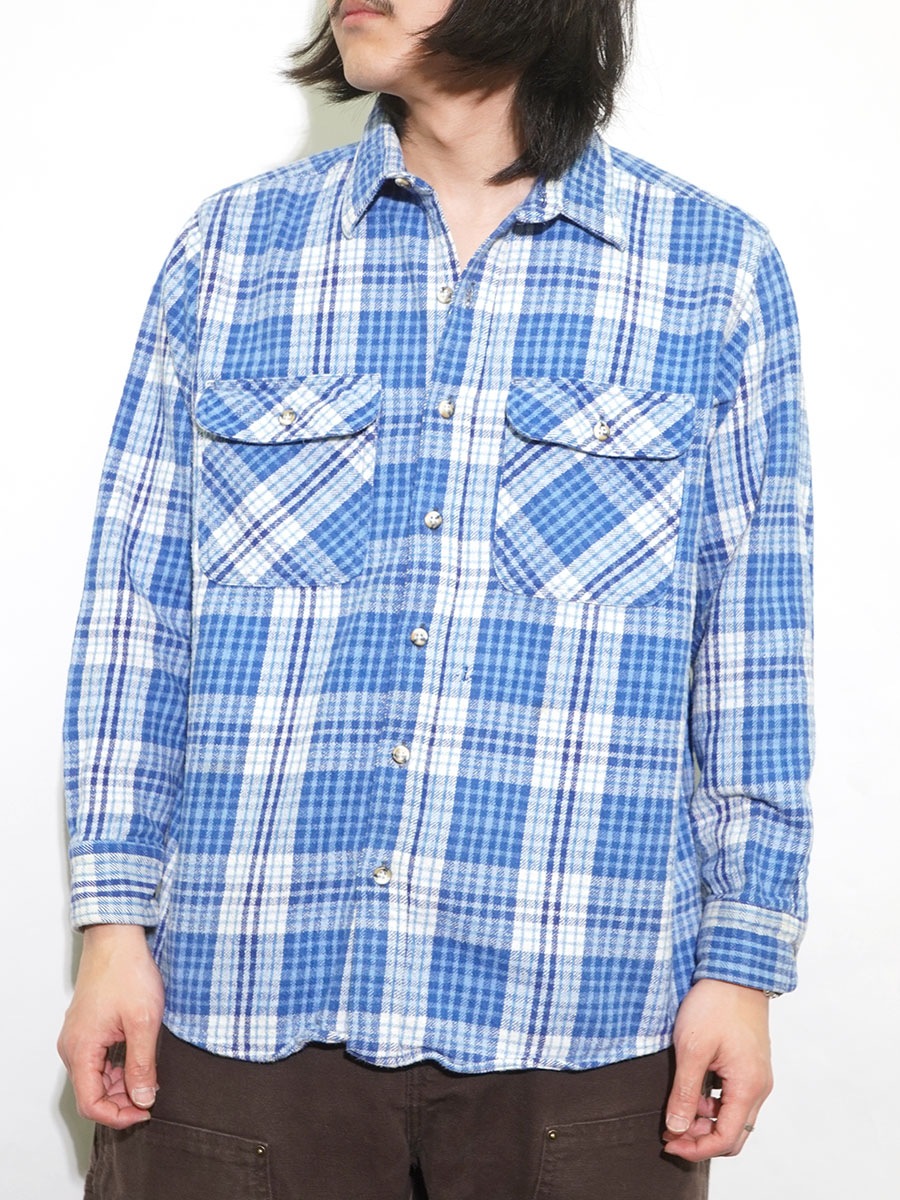 90's NORTH CREST 好配色チェック フランネルシャツ 青白 実寸(L位