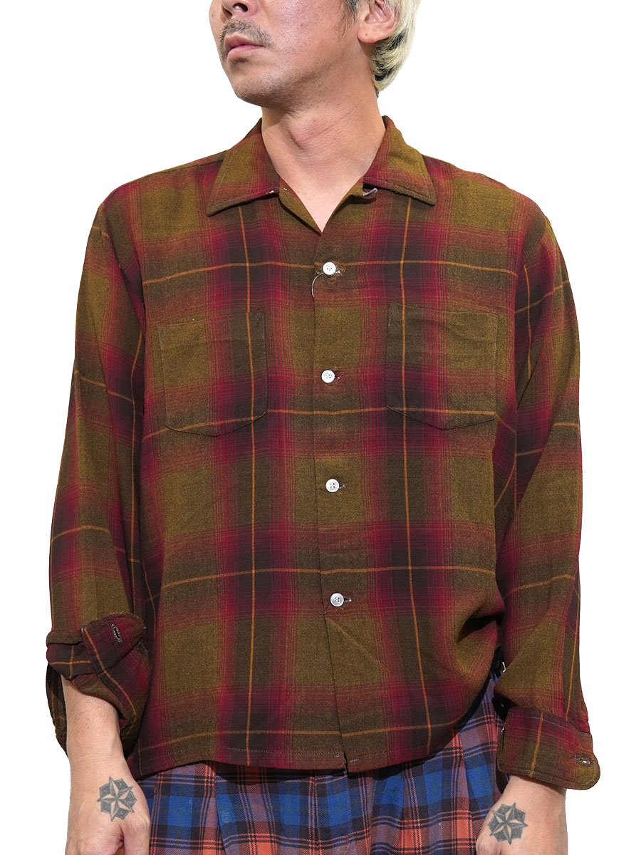 60'S PENNEY'S TOWNCRAFT RAYON WOVEN SHADOW PLAID SHIRT (SIZE.LARGE