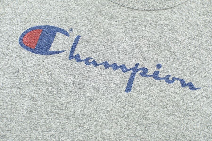 80's トリコタグ チャンピオン スクリプトロゴ 染み込み 霜降りTシャツ 表記(M)