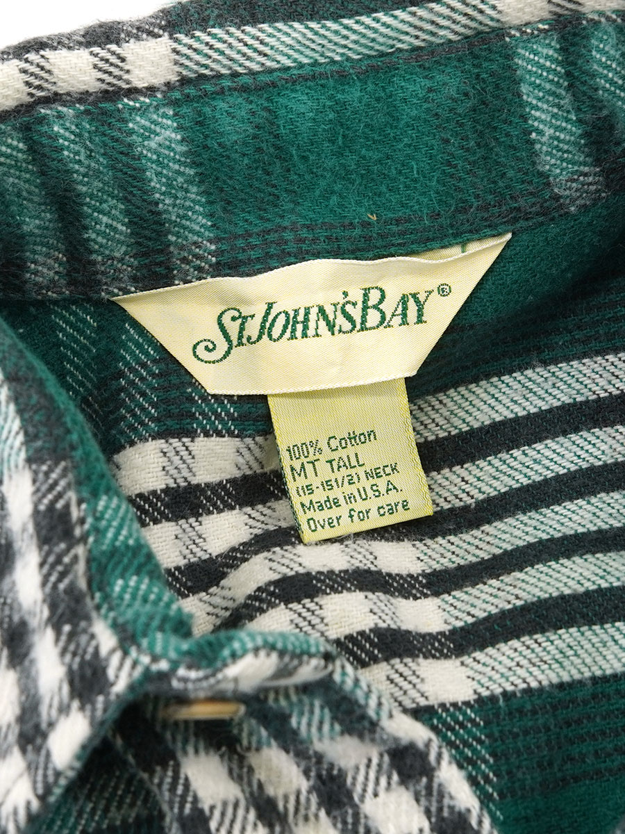 90's STJOHN'S BAY 緑×黒×白 好配色チェック柄 フランネルシャツ 表記