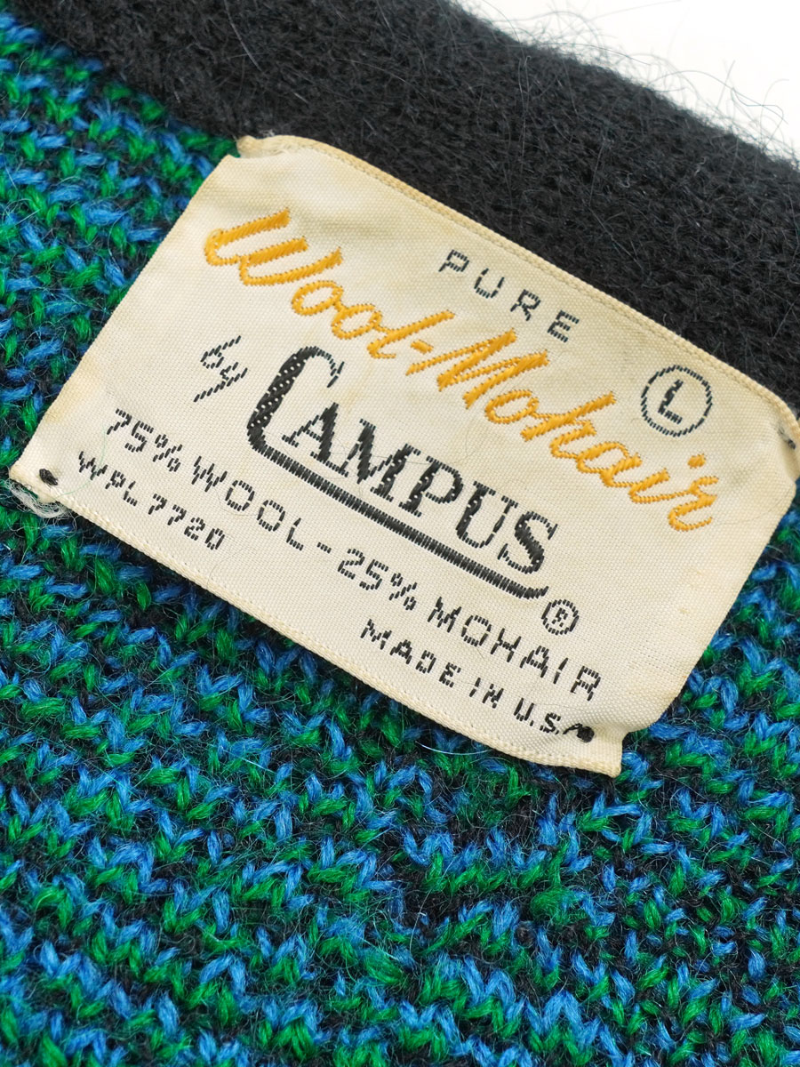 60's CAMPUS ウール×モヘア 好配色チェック柄 ニットカーディガン 表記