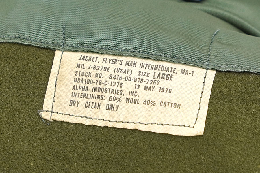 76 U.S. AIR FORCE MA-1 MIL-J-8279E ALPHA INDUSTRIES製 フライト