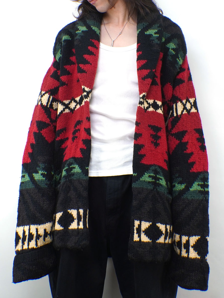 90's ラルフローレン ネイティブ柄 100%ウール ハンドニットガウン