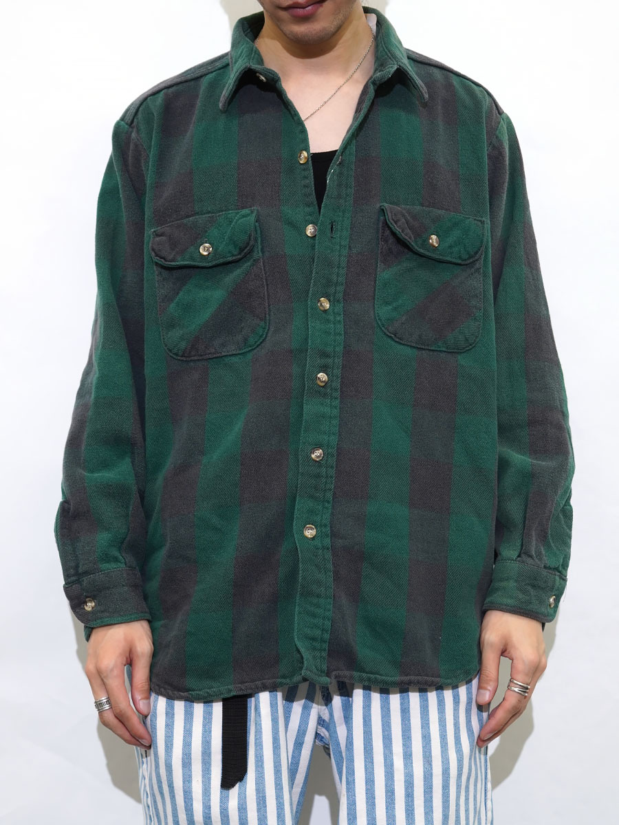 90's FIVEBROTHER 黒×緑ブロックチェック フランネルシャツ 表記(L