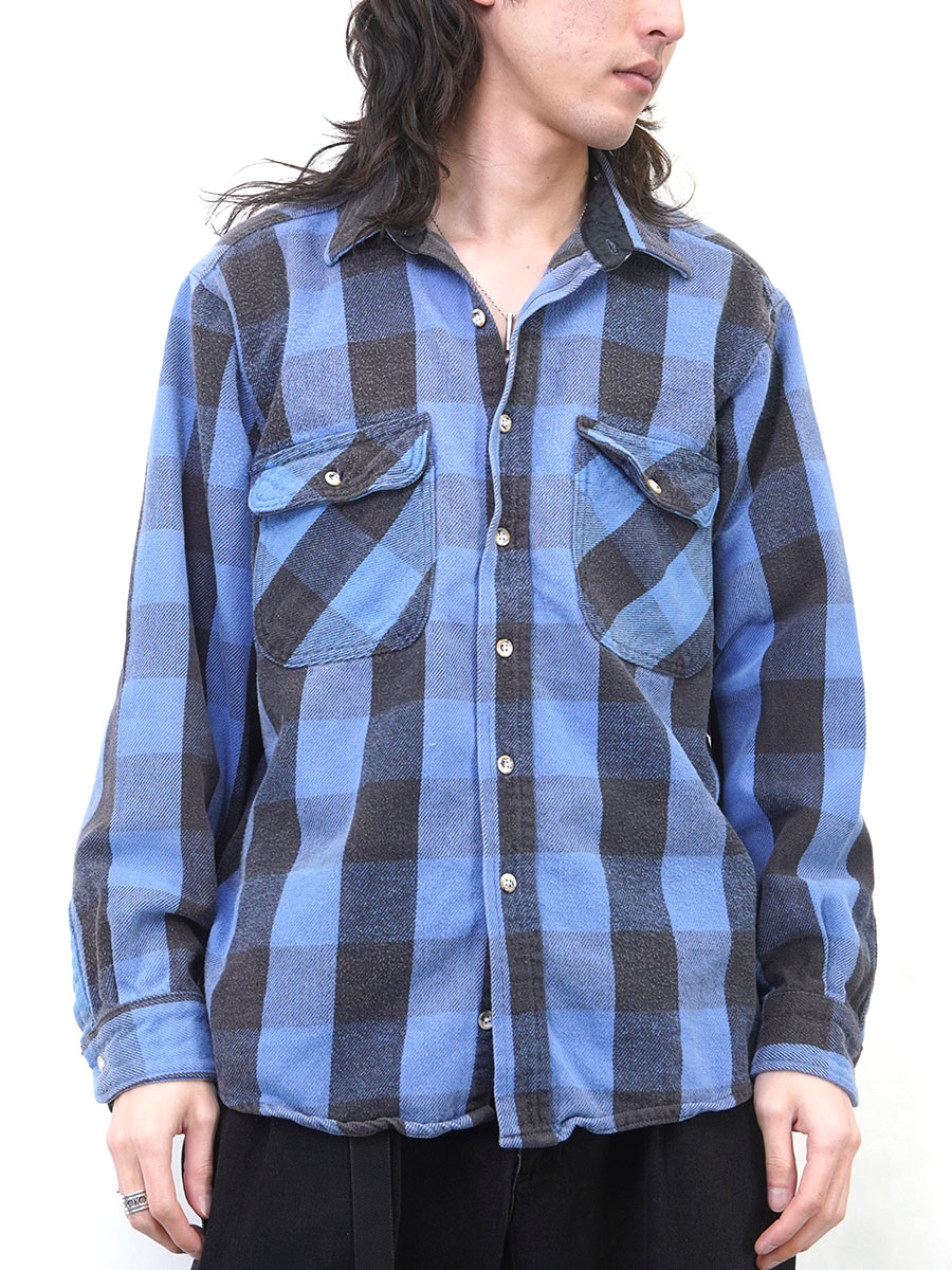 90s DEER CREEKフェード　青黒ブロックチェック　フランネル シャツ 90's FIELD&STREAM 青黒ブロックチェック フランネルシャツ 表記(L