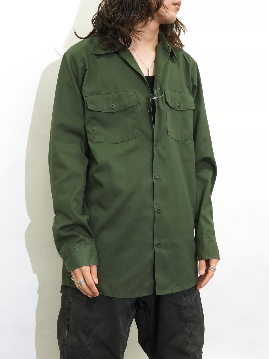 80's～ Dickies L/Sワークシャツ オリーブグリーン 表記(15-15 1/2