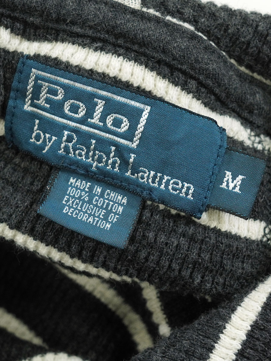 90's Ralph Lauren ボーダーフーディー　ワッフルカットソー ラルフローレン フード付き ワッフルサーマル ボーダー柄 表記(M