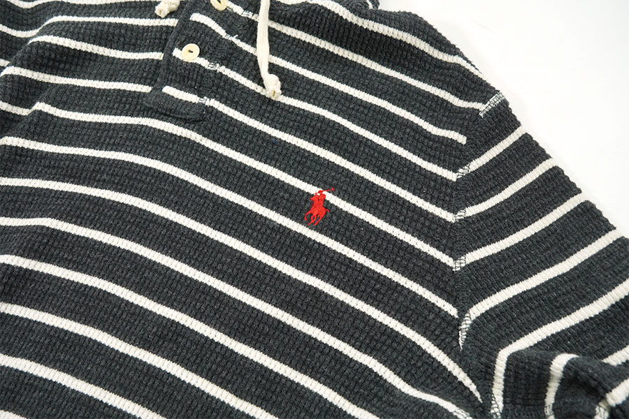 90's Ralph Lauren ボーダーフーディー　ワッフルカットソー ラルフローレン フード付き ワッフルサーマル ボーダー柄 表記(M