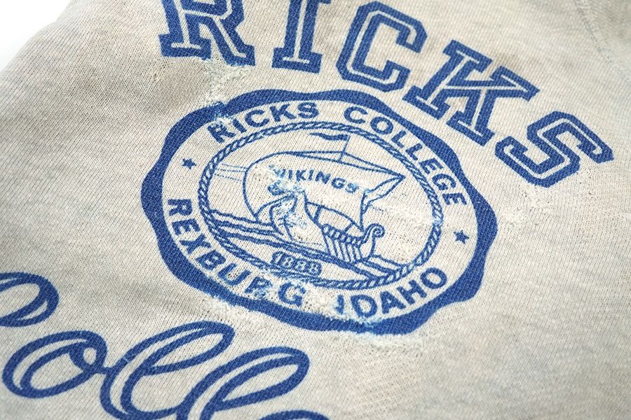 60's CHAMPION ''RICKS COLLEGE'' ラグランスウェット 染み込みプリント 表記(L)