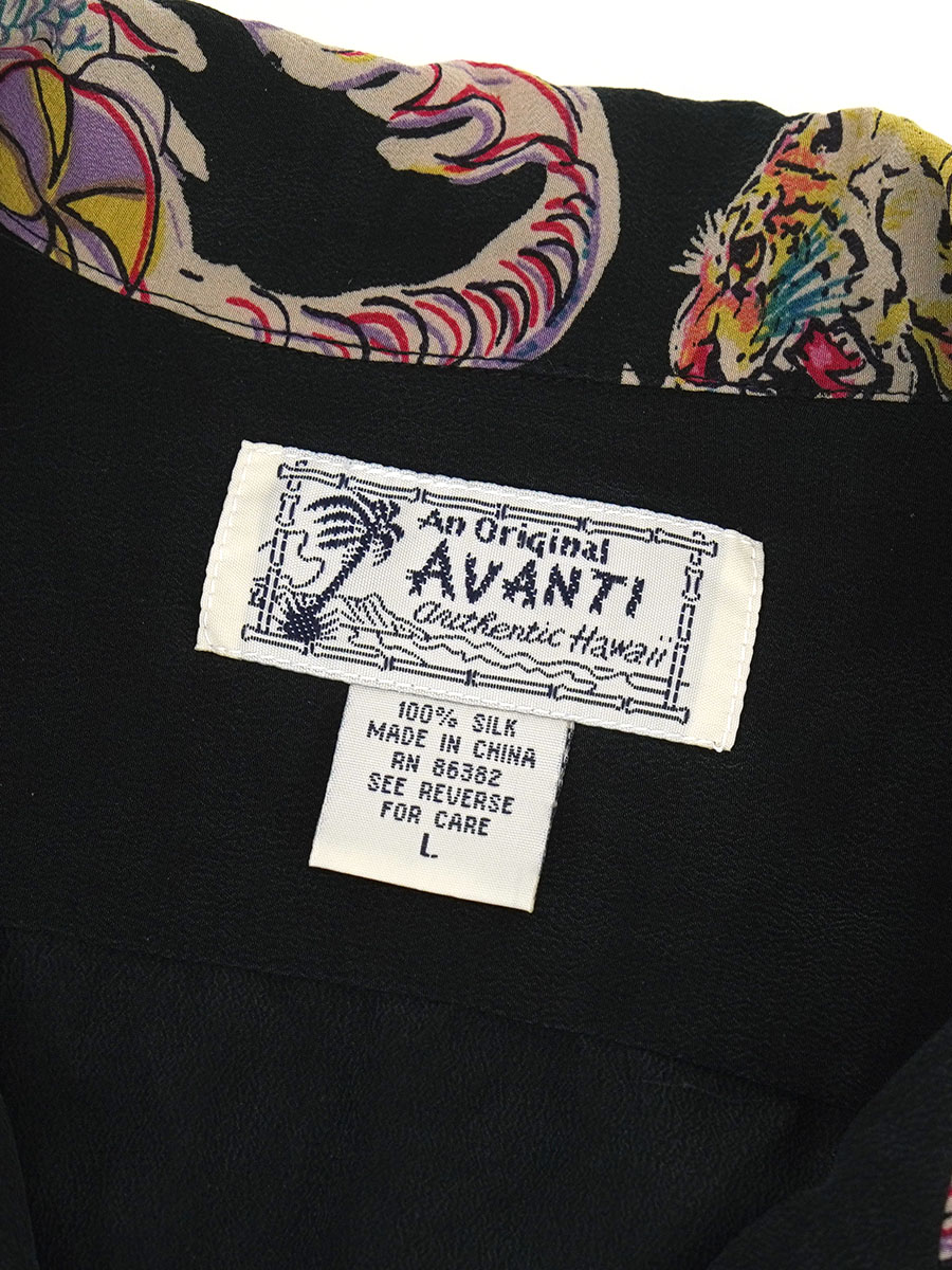 00's AVANTI ボーダー 虎x龍 100％シルク ハワイアンシャツ ブラック