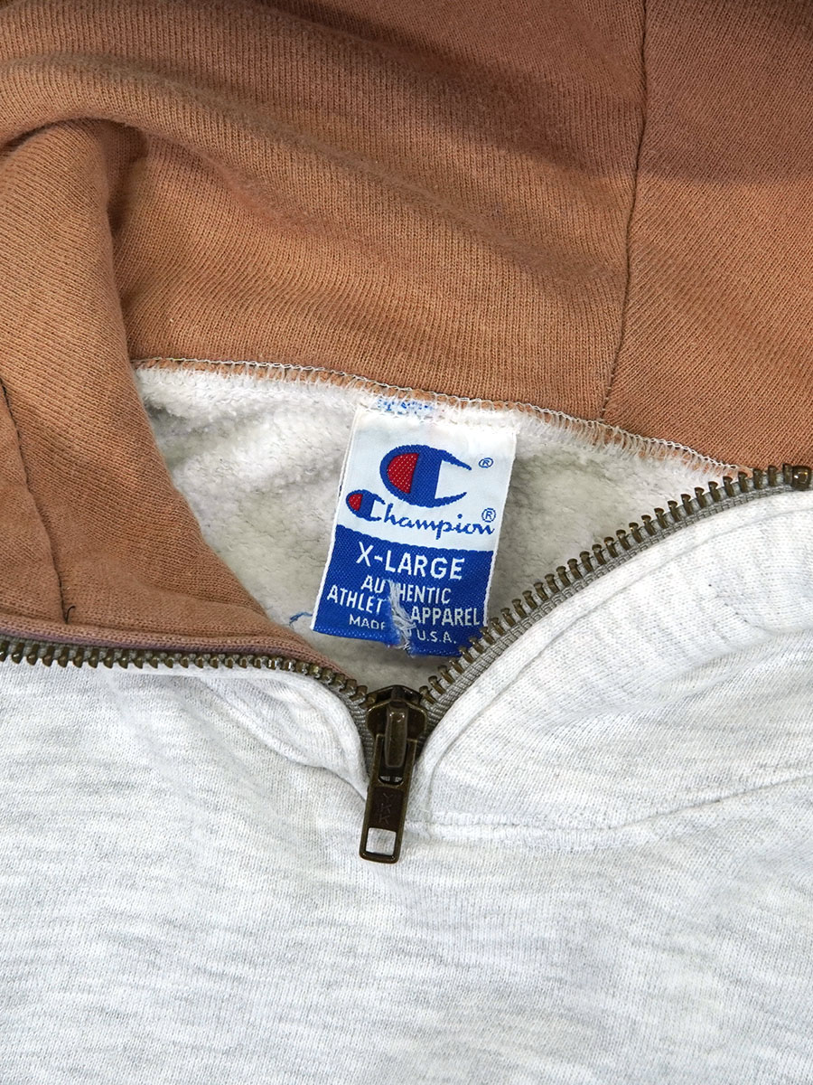 90'S CHAMPION H/Z HOODED SWEAT SHIRT LIGHT GREY/BROWN (SIZE.X