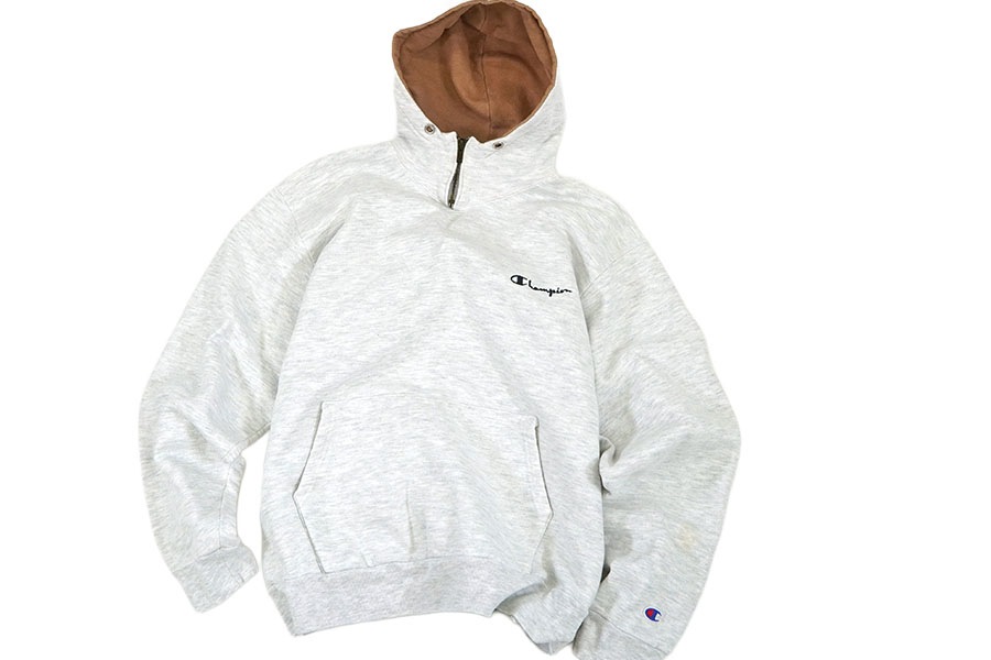 90'S CHAMPION H/Z HOODED SWEAT SHIRT LIGHT GREY/BROWN (SIZE.X