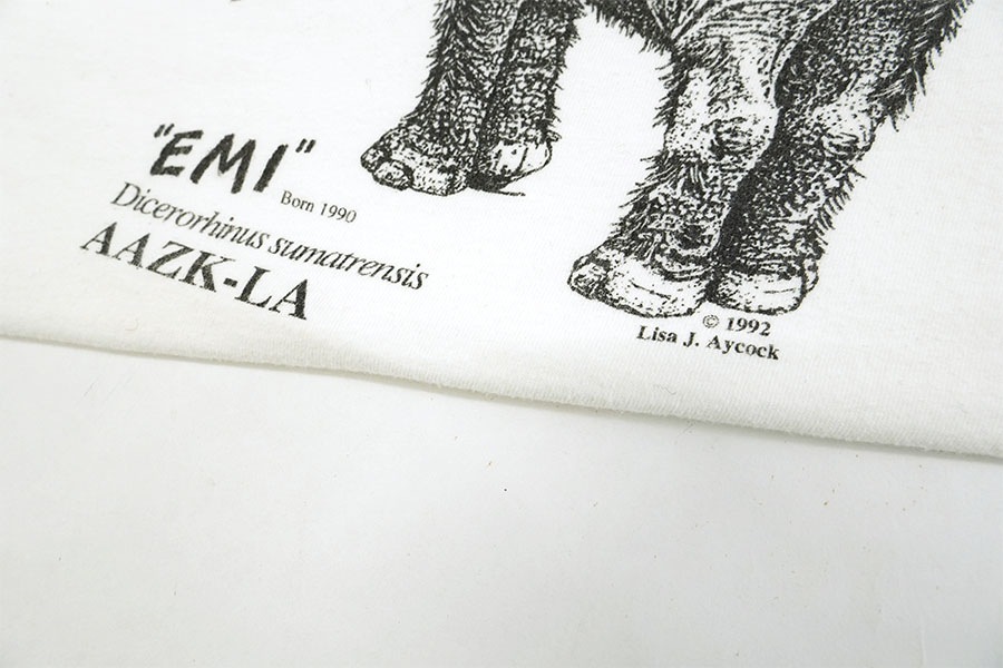 90's Hanes ''Dicerorhinus sumatrensis'' アニマルプリント Tシャツ 表記（L) ホワイト