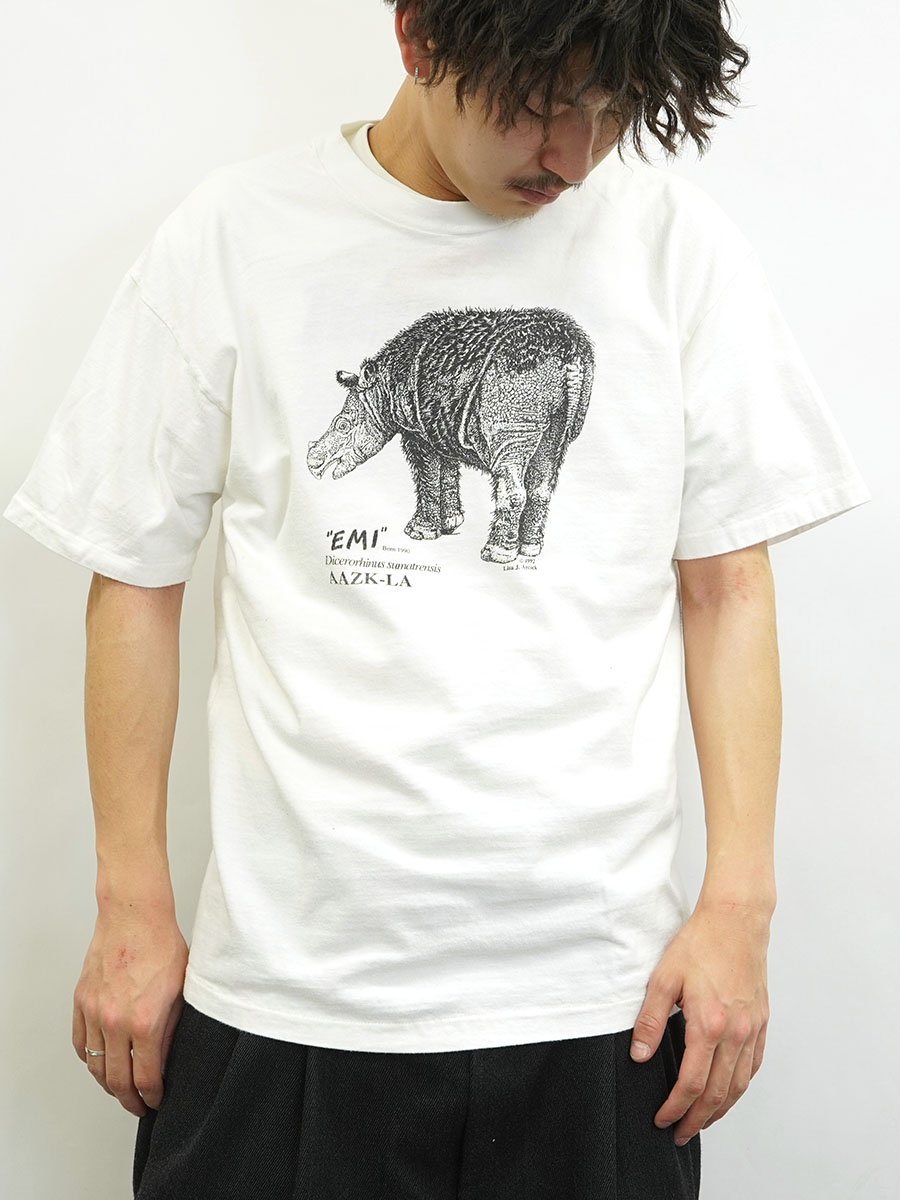 90's Hanes ''Dicerorhinus sumatrensis'' アニマルプリント Tシャツ 表記（L) ホワイト
