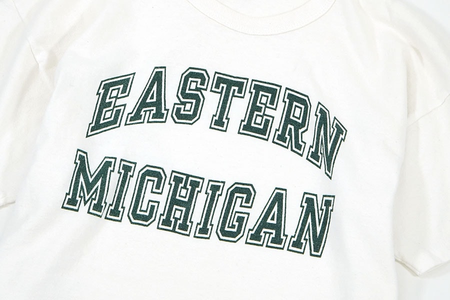 80's チャンピオン ''EASTERN MICHIGAN'' 染み込みプリント Tシャツ 白 表記(XL)