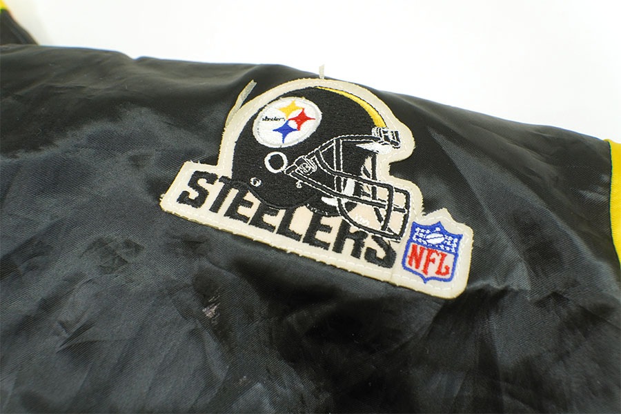 80's FIBERGLAS ''STEELERS'' リブライン サテンスタジャン ブラック 表記(XL) USA製