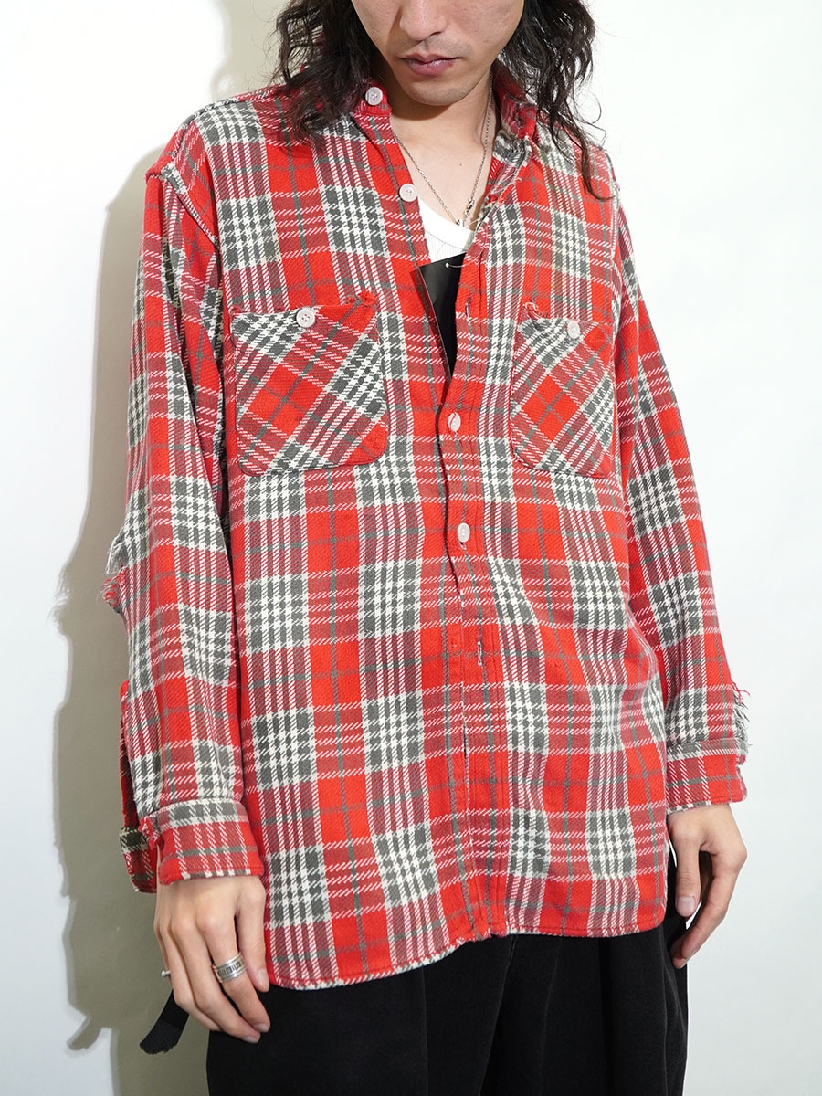 60's 好配色チェック柄 フランネルシャツ 赤 実寸(16位) マチ付き