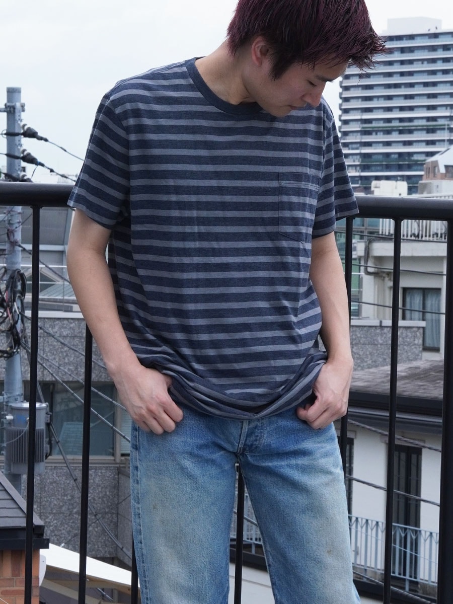 00's J. CREW 灰x紺ボーダー ポケットTシャツ 表記(L) NOS
