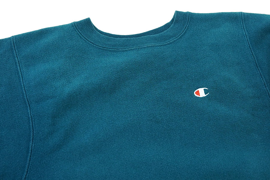 90's 刺繍タグ チャンピオン RWクルー 無地 シーグリーン 表記(S) USA製