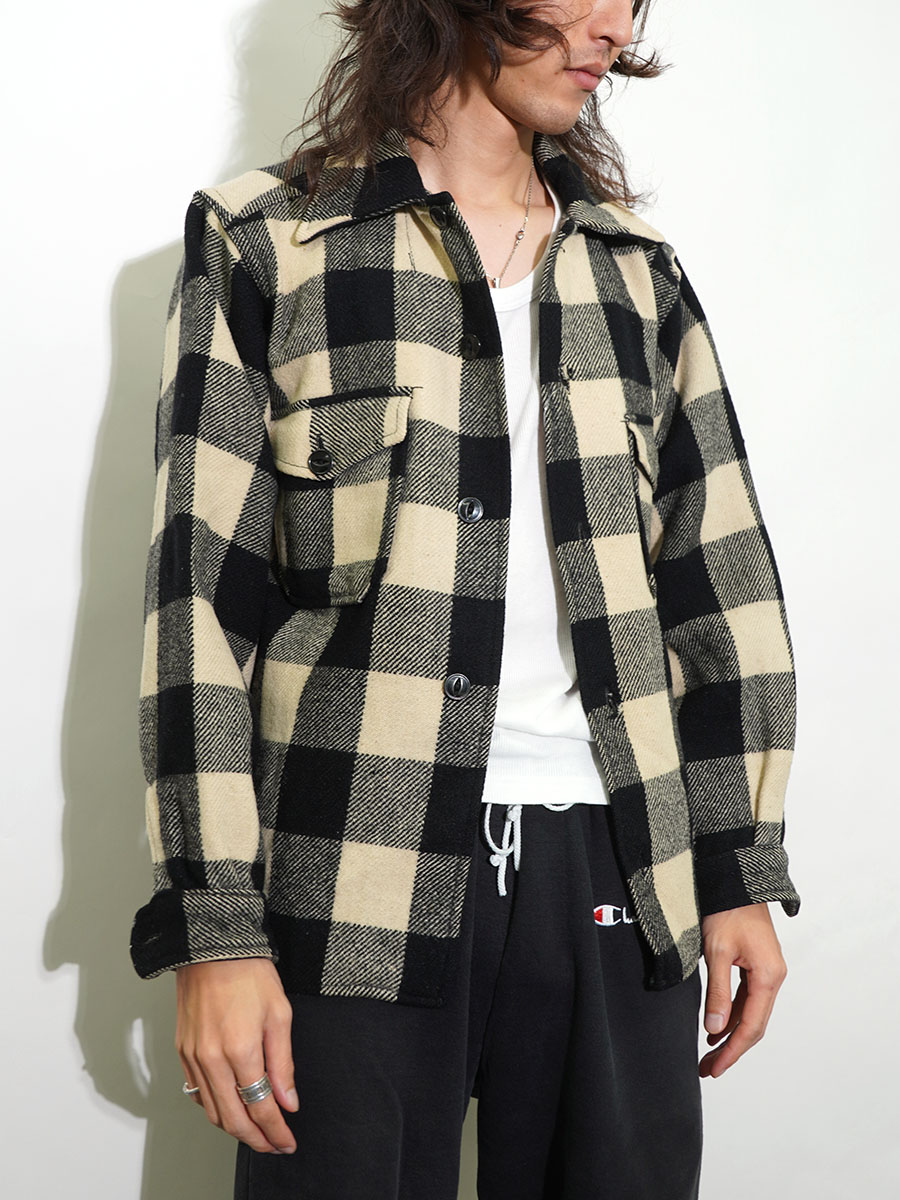 60's ZENITH 白黒ブロックチェック ウール CPOシャツ 実寸(SM位