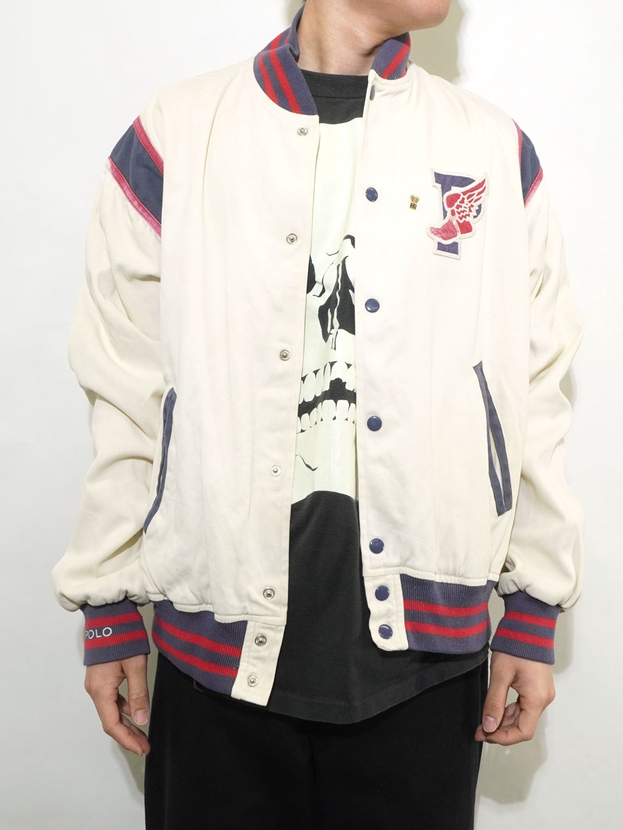 90'S RALPH LAUREN ''P-WING'' COTTON STADIUM JACKET (SIZE.MEDIUM