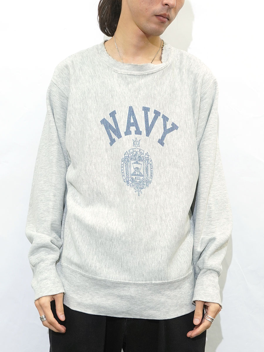 80's プリントタグ チャンピオンRW ''NAVY'' 染み込みプリント 表記(L