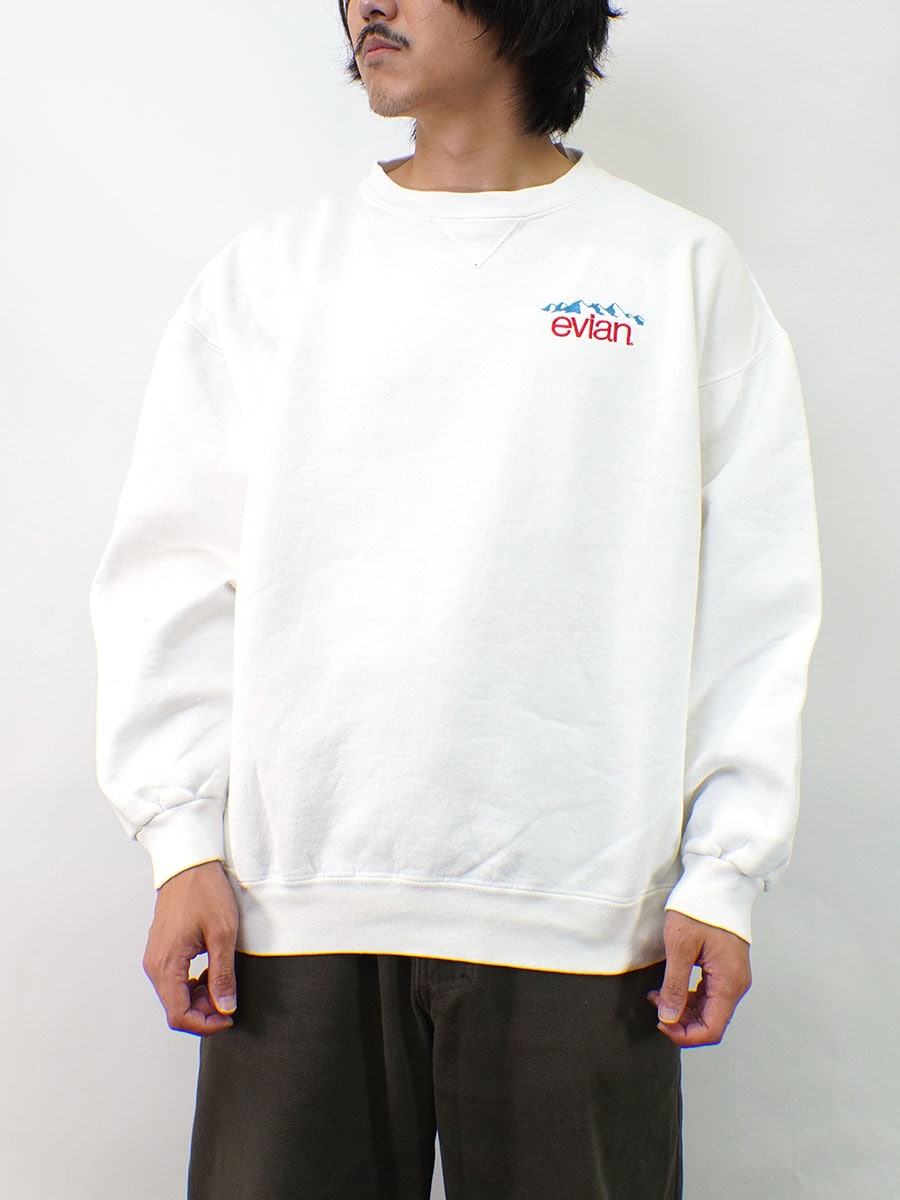90's TIME OUT ''evian'' 刺繍ロゴ 前Vスウェット ホワイト 表記
