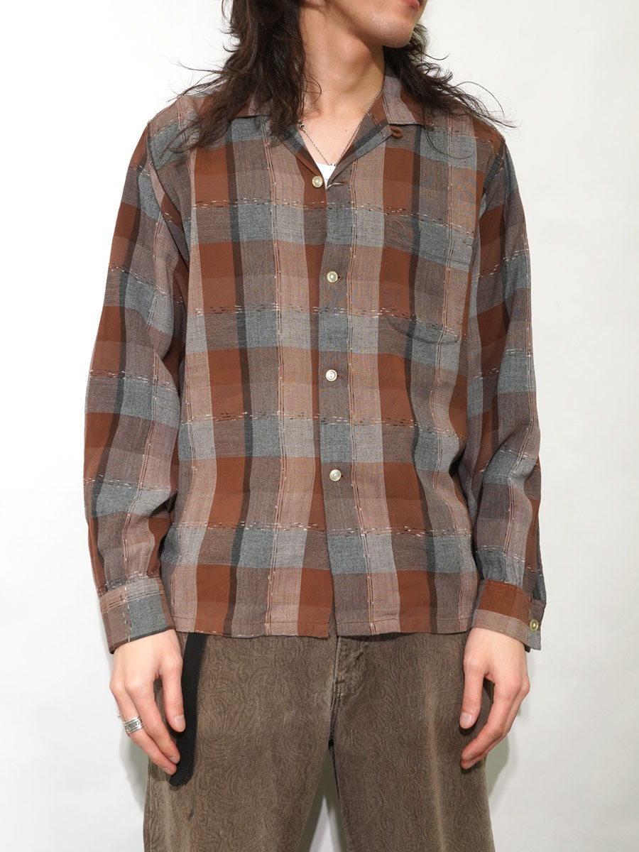 60'S CAMPUS PLAID RAYON SHIRT (SIZE.MEDIUM)