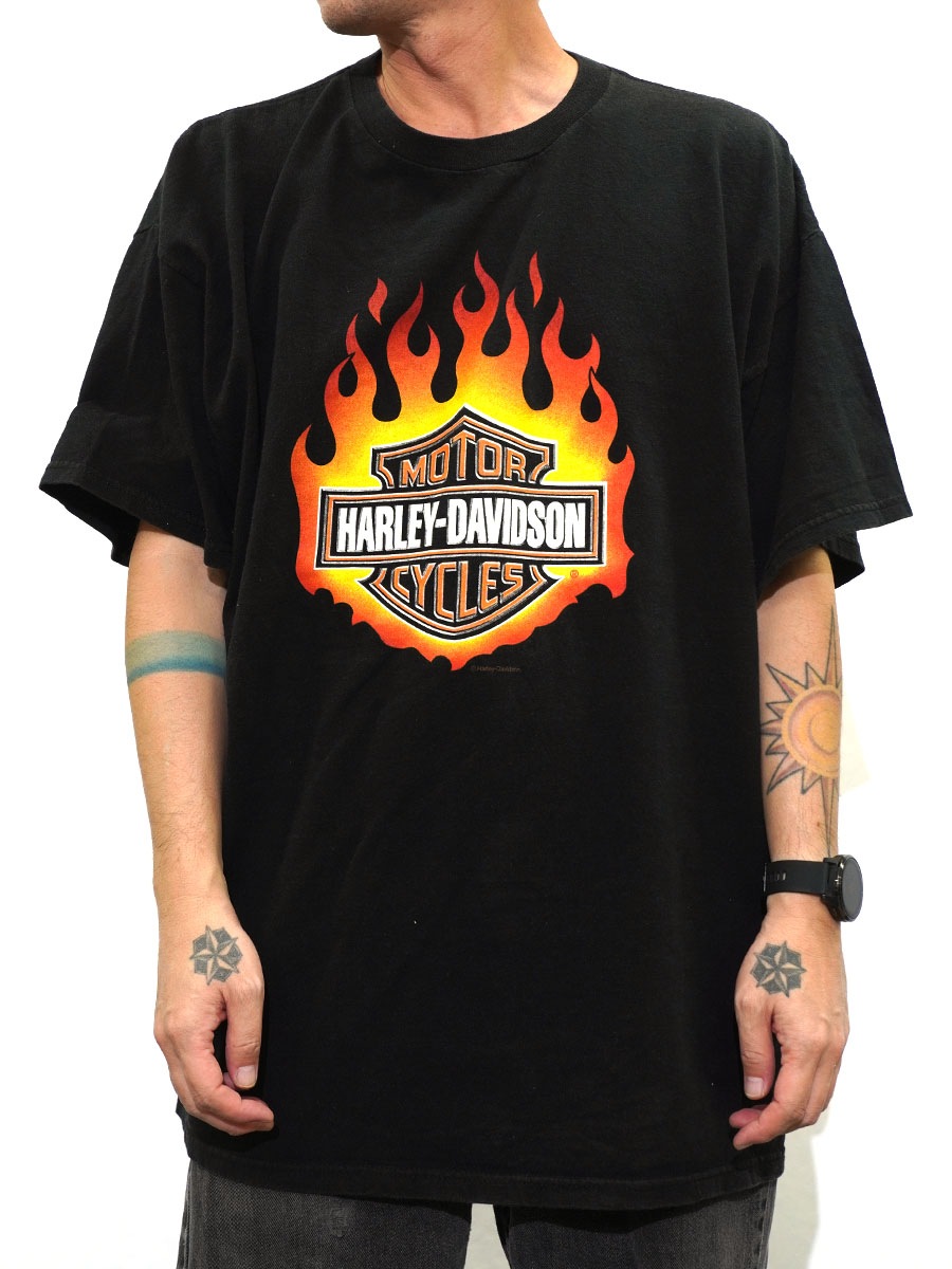 HARLEY-DAVIDSON ロゴプリント フェード オーバーサイズ Tシャツ 00's HARLEY-DAVIDSON ファイヤーロゴプリント Tシャツ ブラック 実寸