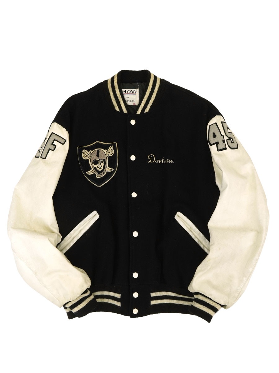 90's DeLONG ''RAIDERS'' レザー切り替え バーシティジャケット 表記