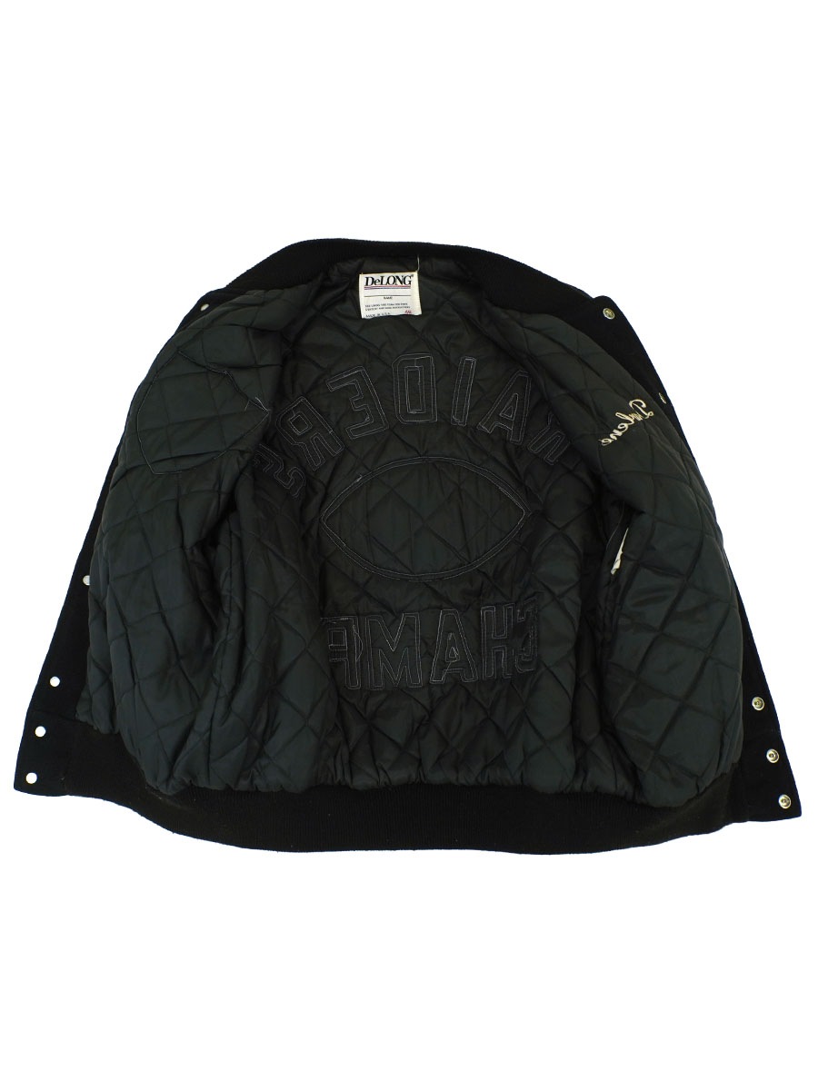 90's DeLONG ''RAIDERS'' レザー切り替え バーシティジャケット 表記